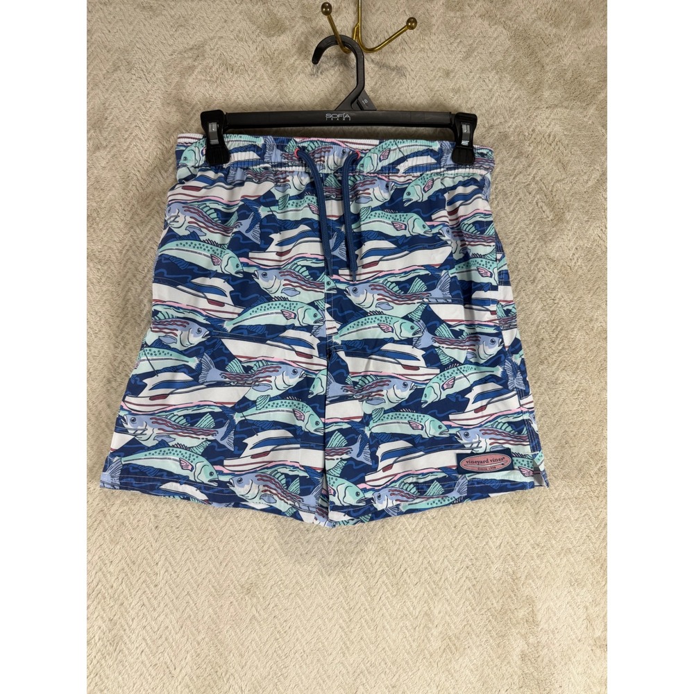 Vineyard Vines Boys Blue Fish Print Swim Trunks Shorts Size M 12-14